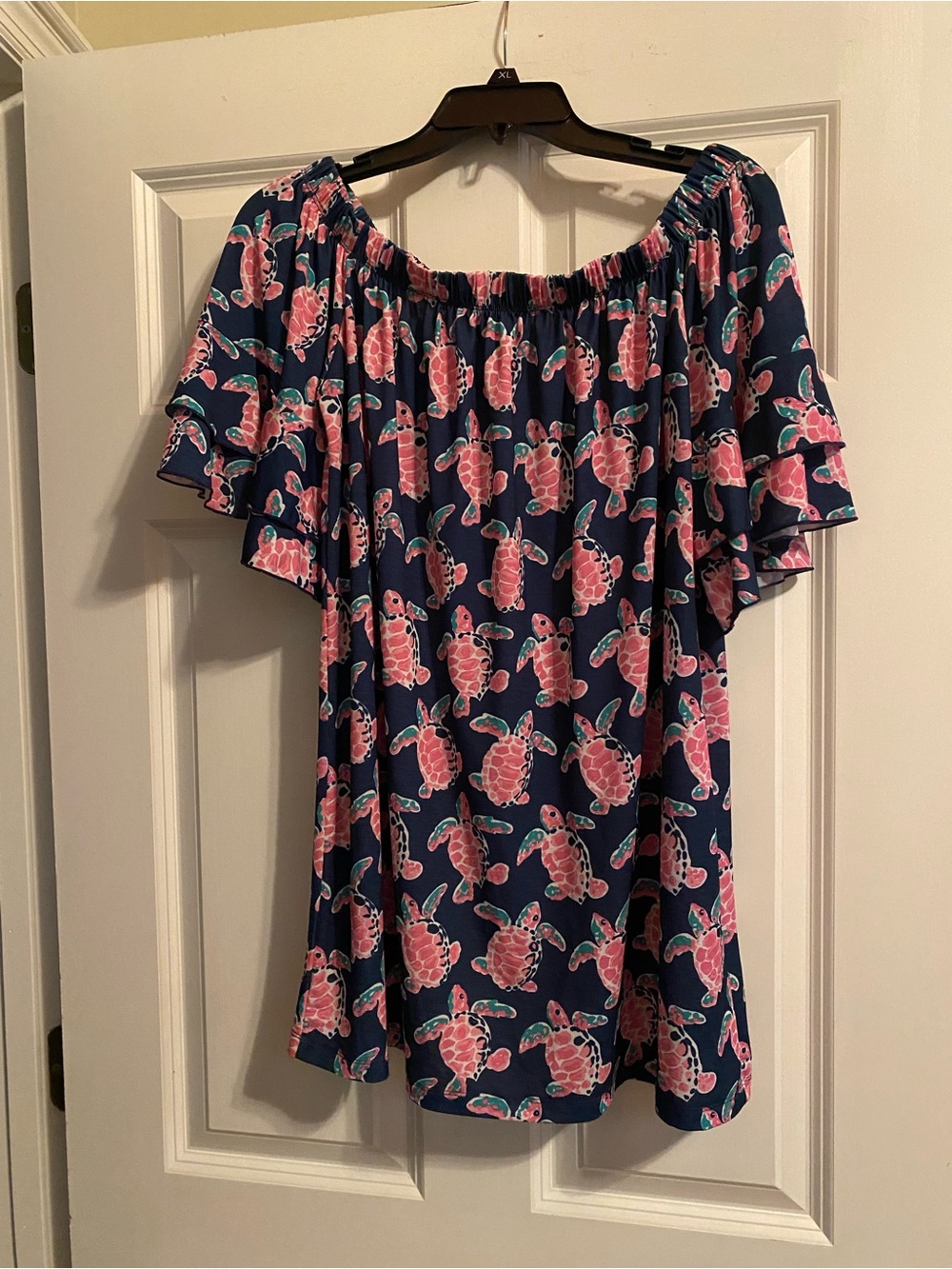 Simply Southern Navy Off-Shoulder Top with Pink Turtle Print
